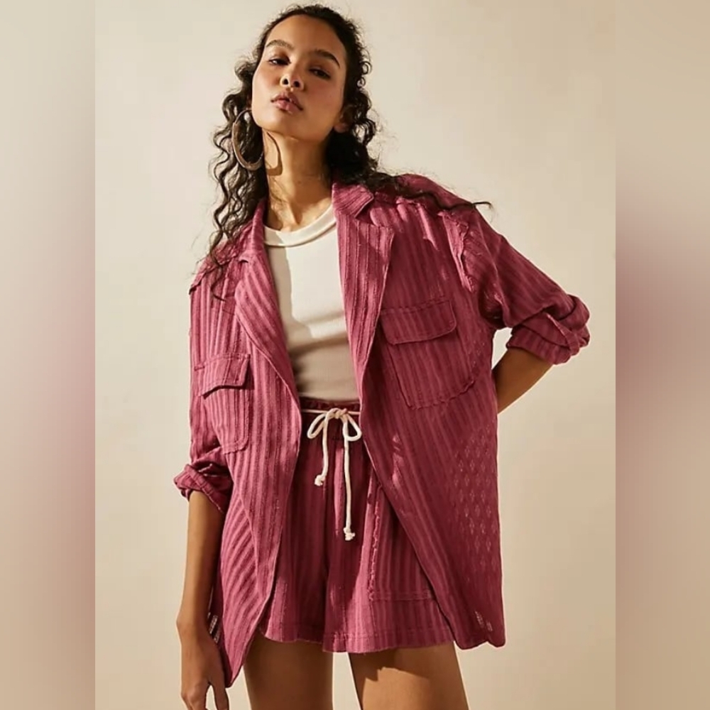 Free People Beach Pacific Open Oversized Collared Shirt Pink Striped S Raw Hem